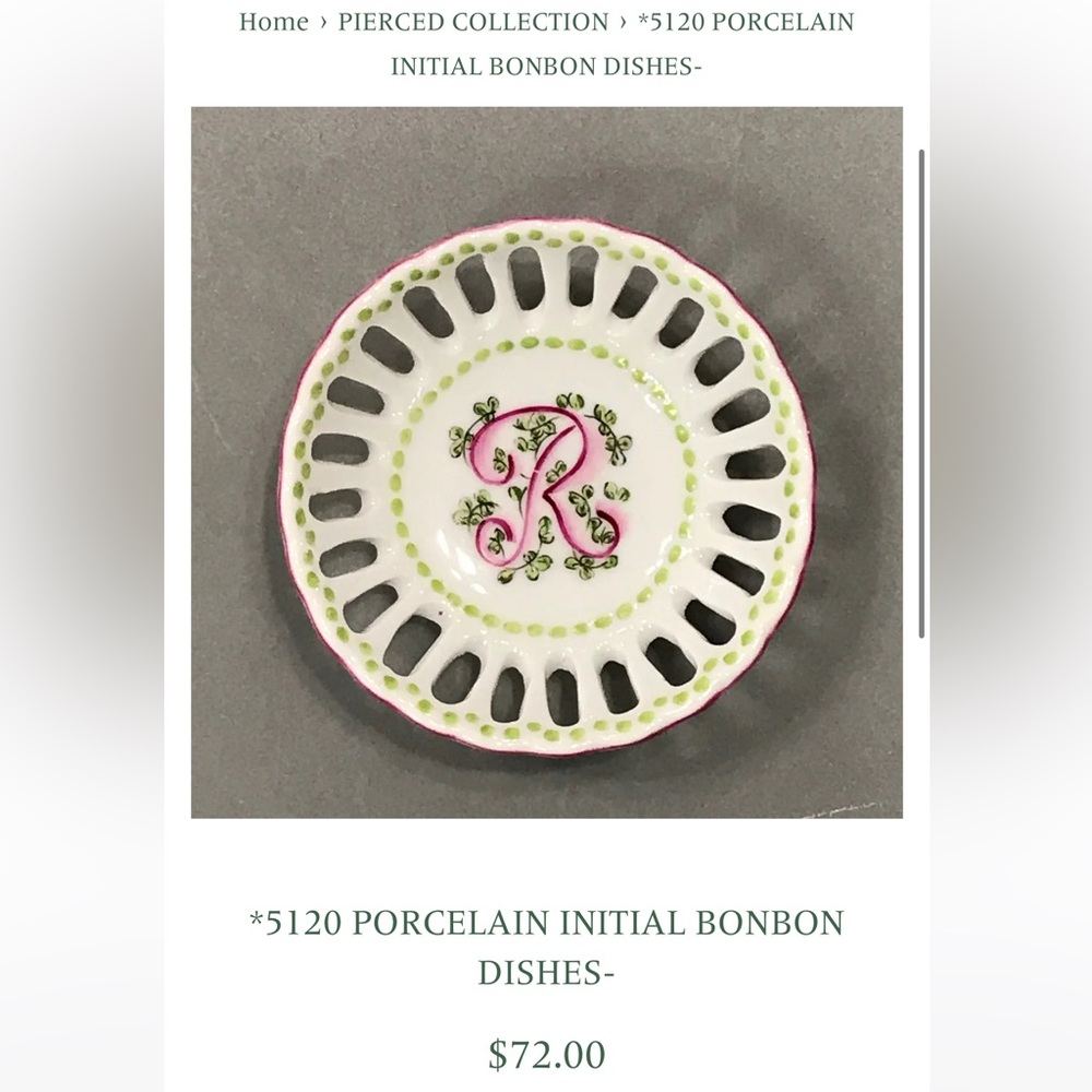 NWOT Ann Marie Murray Porcelain “S” Initial Ring Dish with Pink Green Accents